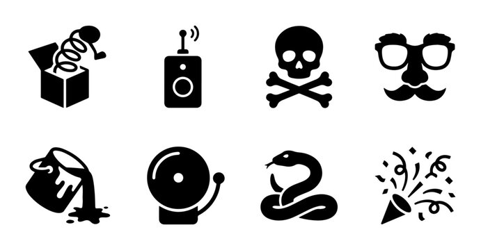 8 Prank linear icon set jack in box remote skull mask snake party popper, UI and web interface design