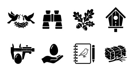 Ornithology icon set birds nest binoculars oak branch birdhouse caliper egg notebook hay bale, UI and web interface design © Nahid Rana