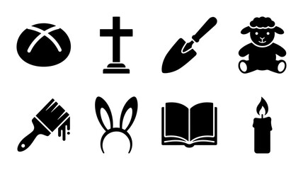 8 Easter linear icon set cross bread lamb shovel bunny ears book candle, UI and web interface design © Nahid Rana