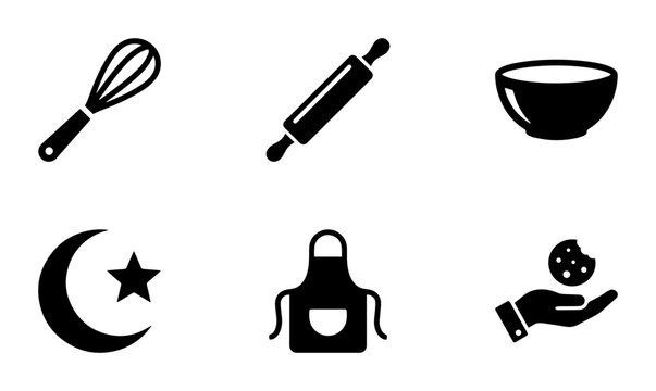 Baking kitchen icon set whisk rolling pin bowl apron cookie, UI and web interface design