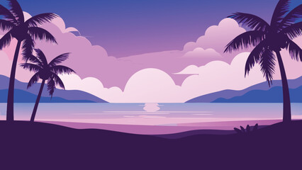 Obraz premium Tropical beach landscape with palm trees vector illustration in purple hues