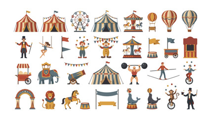 Vintage circus collection with 32 vector icons, retro carnival fair elements including tents, performers, and animals, amusement park flat illustrations © noor