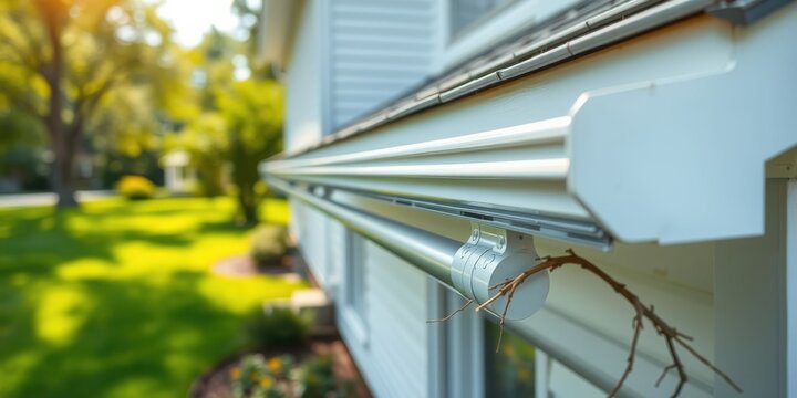 Close-up view of modern seamless gutter system on a residential house with a lush green lawn in the background