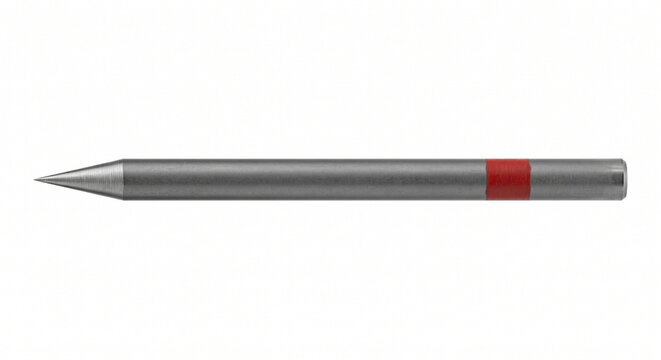 Macro of a sharpened TIG welding tungsten electrode with a red band, isolated on white. Precision industrial hardware.