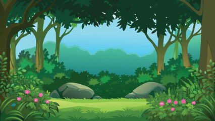 Forest landscape illustration with layered trees and distant mountains © PUNNABEGUM