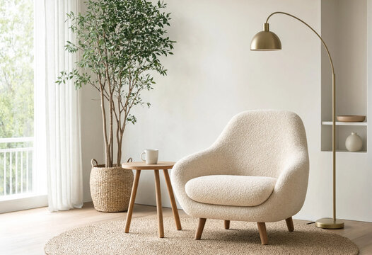 A modern living room features a cream armchair, wooden side table, floor lamp, and potted tree in soft natural light. The calm neutral setting suits interior design and home decor themes.