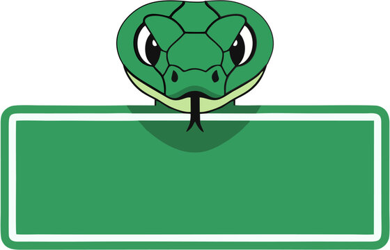 Cartoon green snake head peeking over blank banner