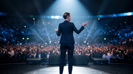 Fototapeta premium Confident Business Speaker Presenting on Stage to Large Audience in Conference Hall with Dramatic Lighting