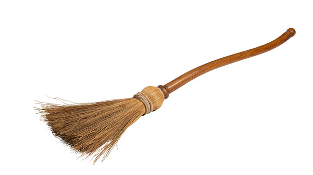 Wooden broom with natural bristles tied with rope