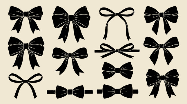 Elegant Collection of Various Hand Drawn Black Bow Knot and Ribbon Tie Up Set for Gift Packaging and Decoration, Minimalist Ink Sketch Vector Illustration Isolated on White Background.