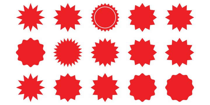Set of red starburst, sunburst badges, Sale sticker, price tag, starburst icon set , Circle sticker set. Wavy edge promo red badges. Star burst shape tags for price. Red sale tag. red starburst icon