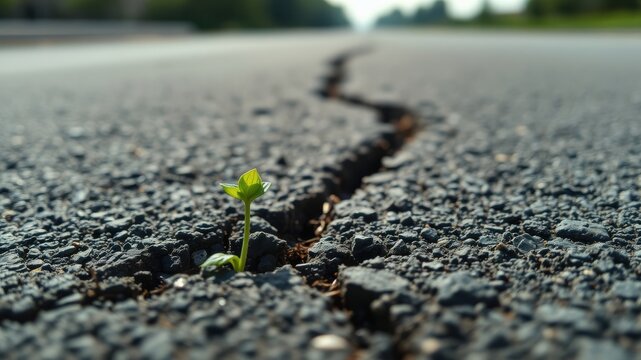 A resilient sprout emerges from a cracked asphalt road, symbolizing perseverance and the strength of nature
