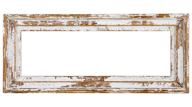 Distressed antique wooden picture frame with peeling white paint, isolated on transparent background