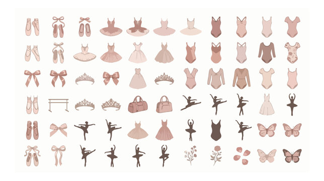 Elegant ballet icons set with 66 vector elements, pink ballerina tutu and pointe shoes collection, dance apparel and leotard illustrations
