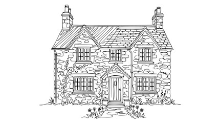 Fototapeta premium Charming Stone Cottage Drawing, Rural English House Illustration, Garden Path