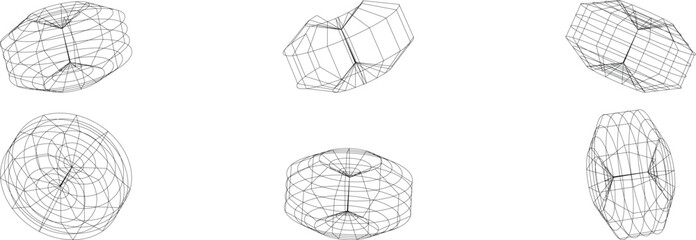 3D Wireframe Geometric Solids Collection with Sphere, Torus, Cylinder and Polygon Mesh Vector Set © Bhismodeb