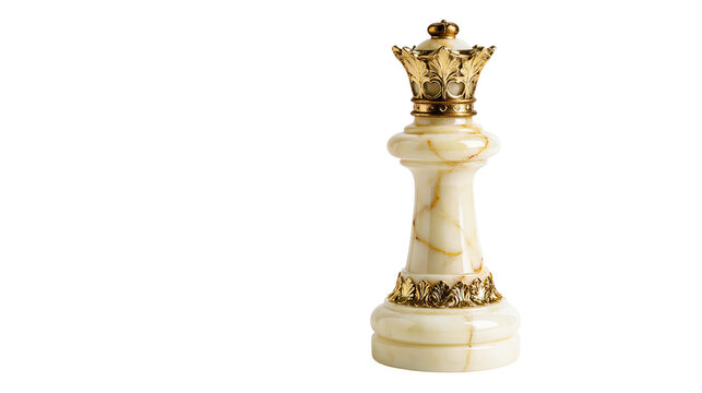 Luxurious cream marble queen chess piece with ornate gold crown, isolated on transparent background