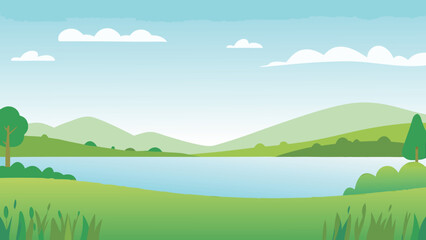 Scenic landscape illustration with hills water and stylized clouds © PUNNABEGUM