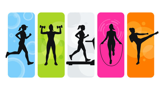 Minimalist women's fitness silhouette collection featuring running, weightlifting, treadmill, jump rope, and kickboxing exercise icons