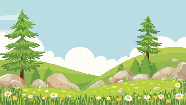 Rolling hills with evergreen trees and wildflowers vector illustration