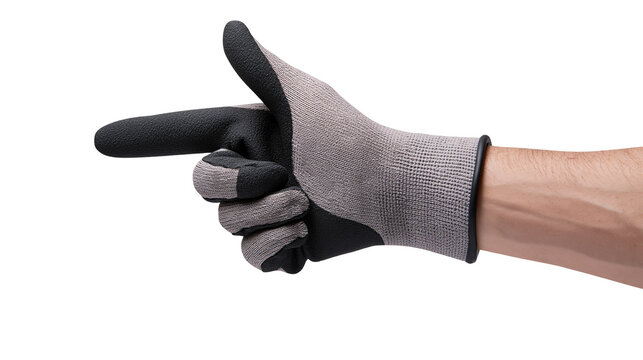 Hand wearing grey and black work glove pointing finger