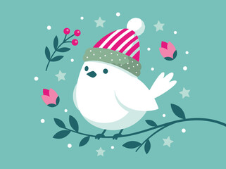 Cute White Bird Illustration in Winter Hat on Floral Branch © DC