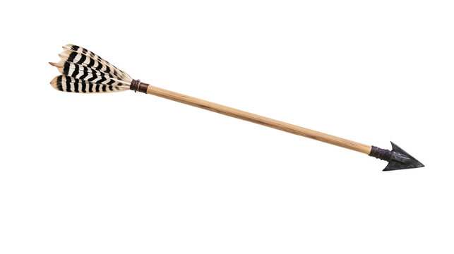 Feathered arrow with stone arrowhead and wooden shaft