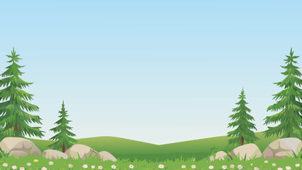 Scenic Landscape With Evergreen Trees And Rolling Green Hills © PUNNABEGUM