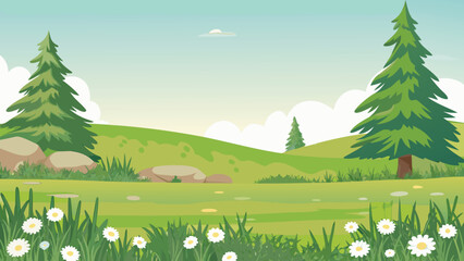 Rolling hills landscape with evergreen trees and white wildflowers © PUNNABEGUM