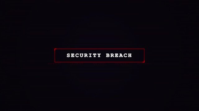 Digital security breach alert with glitch effect, red alarm text warning, cybersecurity threat, data loss concept