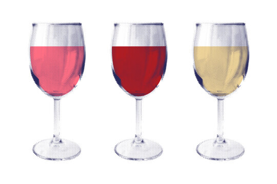 Set of wine glasses with red, white and ros&eacute; wine, halftone retro print illustration