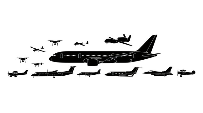 Diverse aircraft collection airplane jet drone biplane propeller plane silhouettes