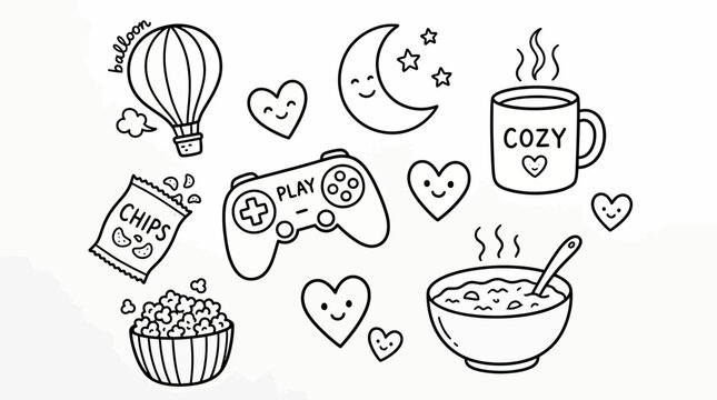 doodle icons of hot air balloon gaming controller snacks and cozy drinks