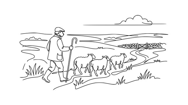 Shepherd Herding Sheep on a Countryside Path with Stone Wall and Hills