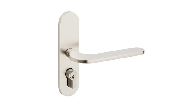 Brushed metal door handle with keyhole escutcheon plate
