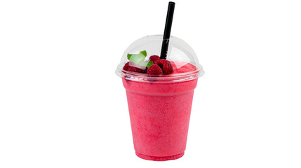 Raspberry smoothie in clear plastic cup with dome lid and straw © Carmen