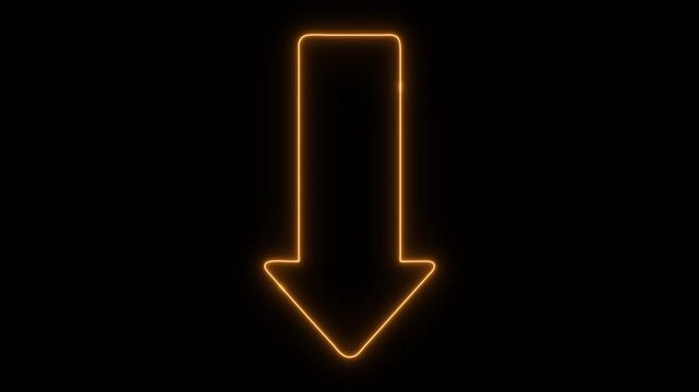 Arrow-shaped neon sign. Neon arrow symbol icon. Directional sign arrow points to down , abstract directional neon arrow icon animation, neon arrow loading 4K video animation. Neon down direction arrow