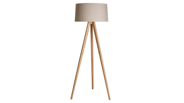 Tripod floor lamp with beige shade and wooden legs