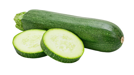 Whole green zucchini with two slices showing seeds © Carmen