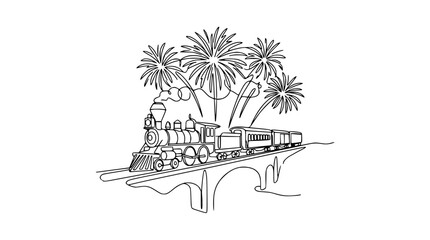 Vintage steam train crossing bridge with fireworks, continuous line drawing © Atu