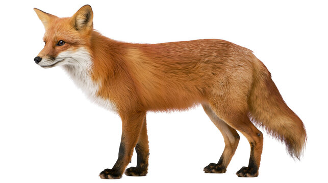 Red fox standing profile view with white chest and black legs