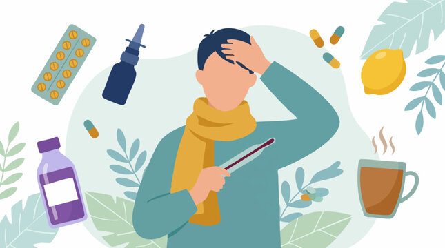 Sick man with fever and cold symptoms, surrounded by medication and remedies