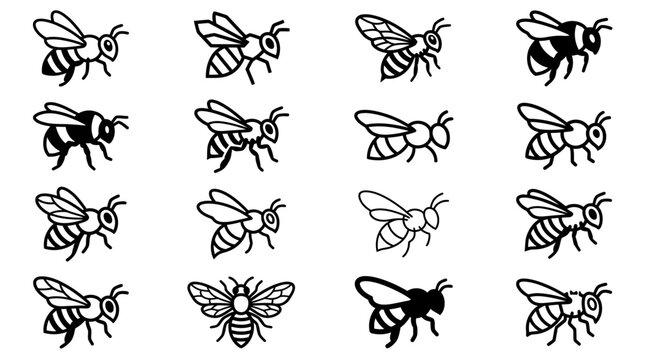 Bold black bee silhouettes and line symbols.