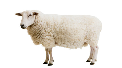 White sheep with thick wool standing on white © Carmen
