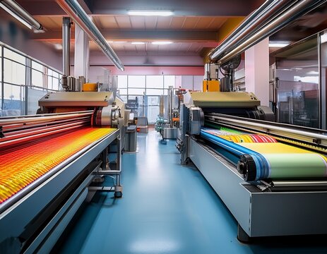 industrial printing process in a modern food packaging facility showcasing vibrant food labels on rollers