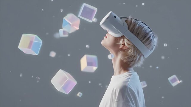 A person wearing a virtual reality headset looking at floating iridescent cubes in a futuristic digital metaverse environment