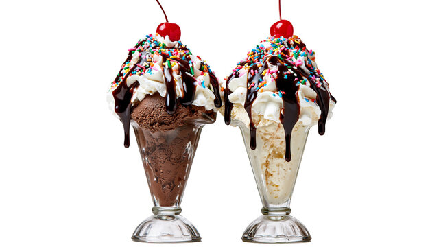 Two ice cream sundaes with chocolate and vanilla flavors topped with whipped cream chocolate syrup sprinkles, and cherries