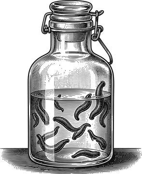 Black and white illustration of leeches swimming in liquid inside a glass jar, evoking a vintage medical or scientific theme.