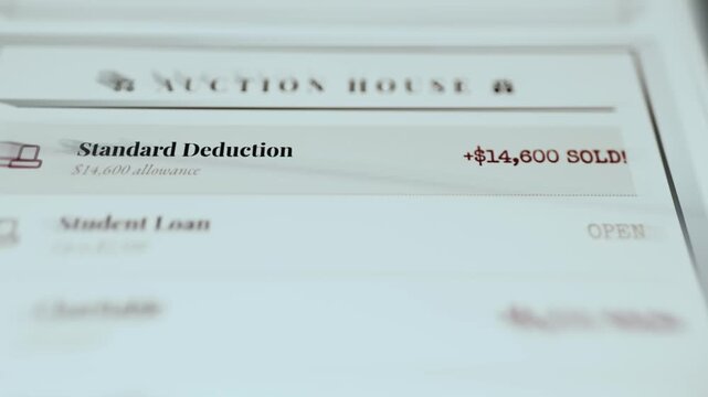 Financial summary from an auction house listing a Standard Deduction of 14600 USD