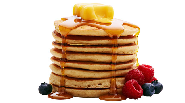 Stack of pancakes with melting butter syrup, blueberries and raspberries